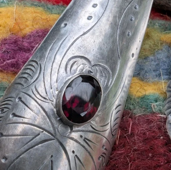 Vintage Native American Handcrafted Sterling Silver Garnet Earrings 3" - Picture 4 of 10